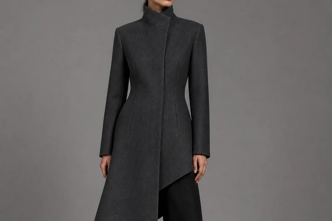 Graphite fitted coat study with a long asymmetric side panel