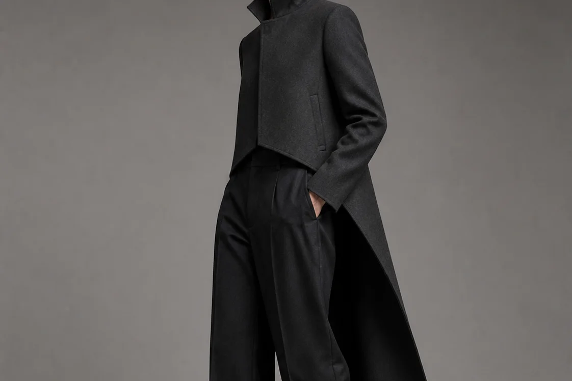 Charcoal coat study with a cropped front and extended back hem