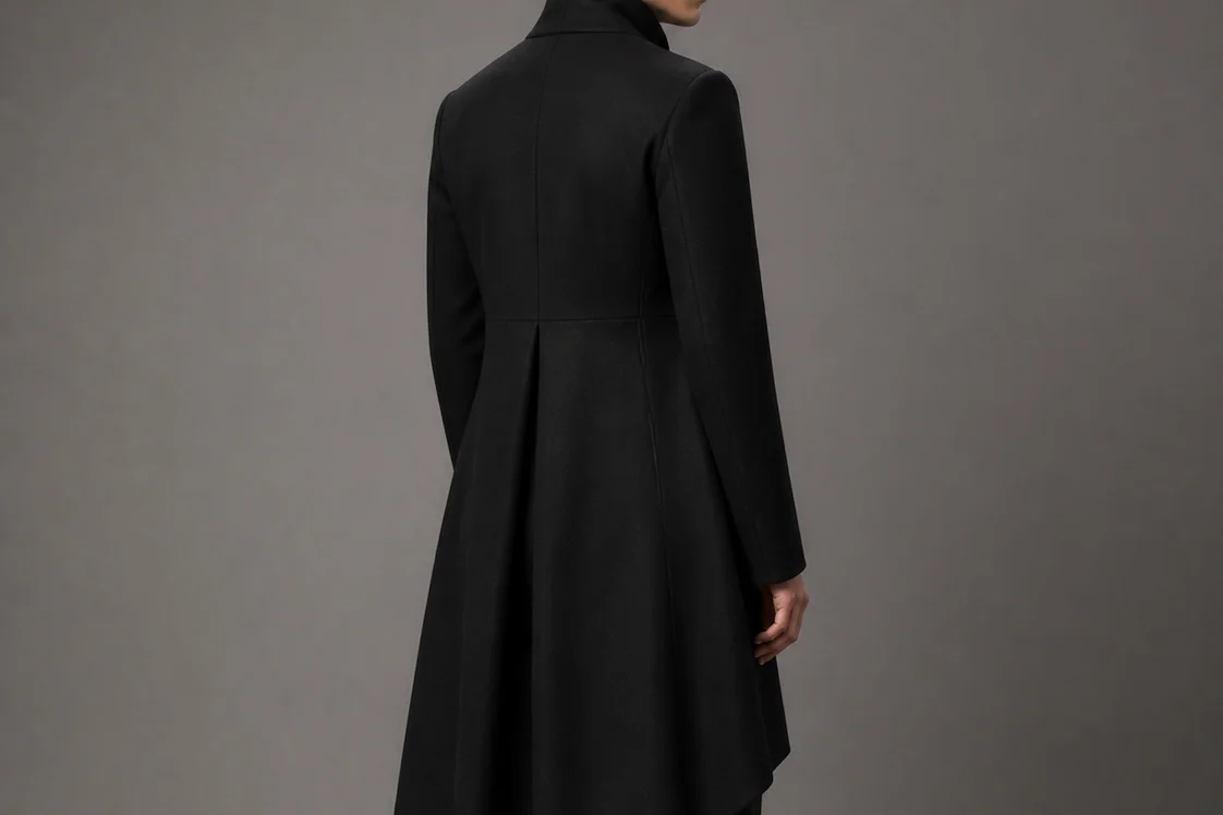 Black fitted coat study with a release pleat and dipped back hem